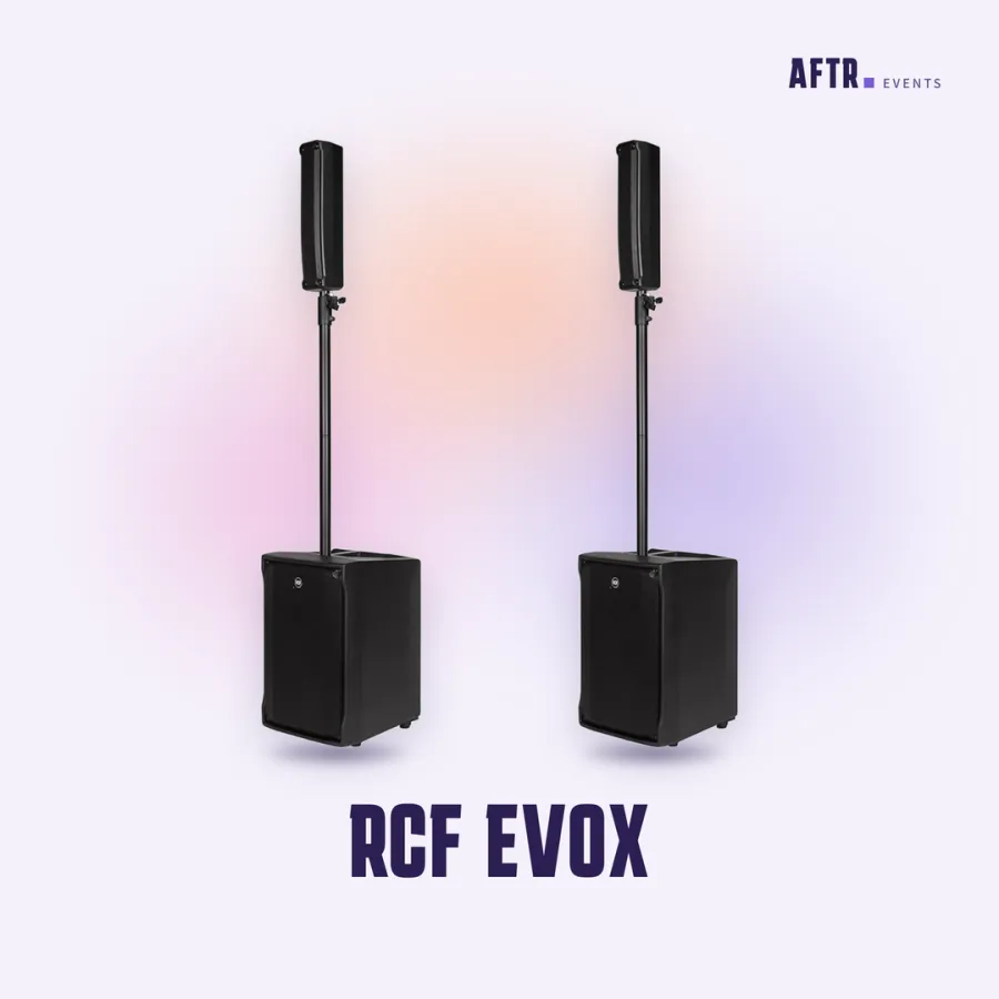 מערכת הגברה RCF EVOX: זוג קולונות על מוטות מעל שני סאבים שחורים